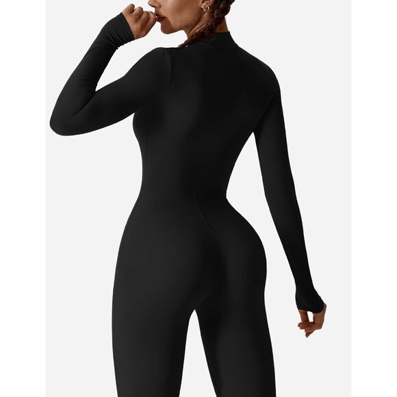 Women Long Sleeve Workout Jumpsuit Zip Up Romper Bottom Pants Bodysuit Bodycon S - Picture 5 of 6
